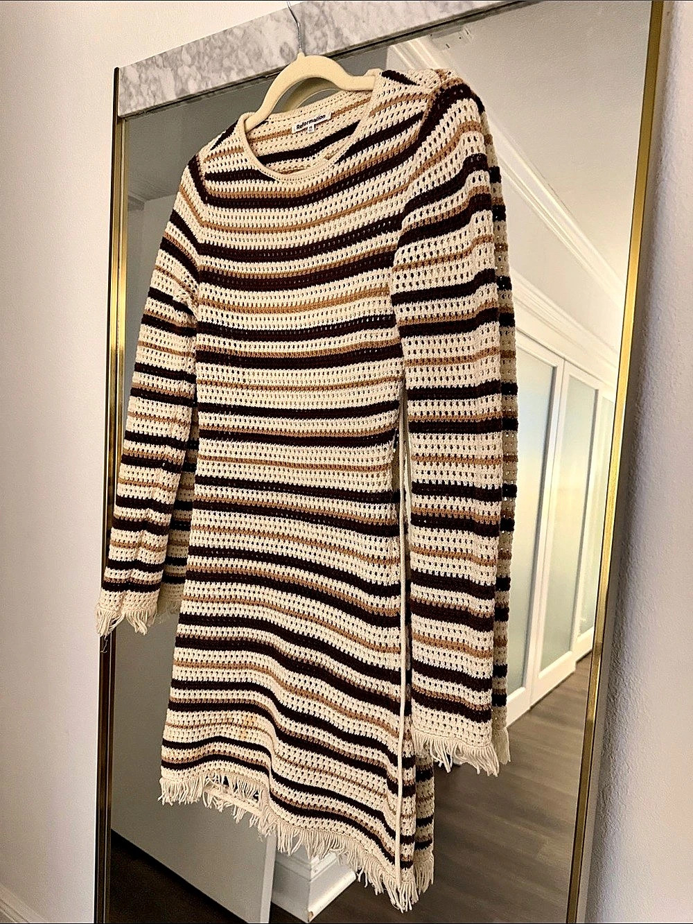 Reformation Pesca Open Knit Dress Brown & Cream XS